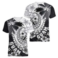 Hafa Adai Guam Women V-Neck T-Shirt Polynesian Palm Tree Tattoo Hibiscus and Plumeria Art