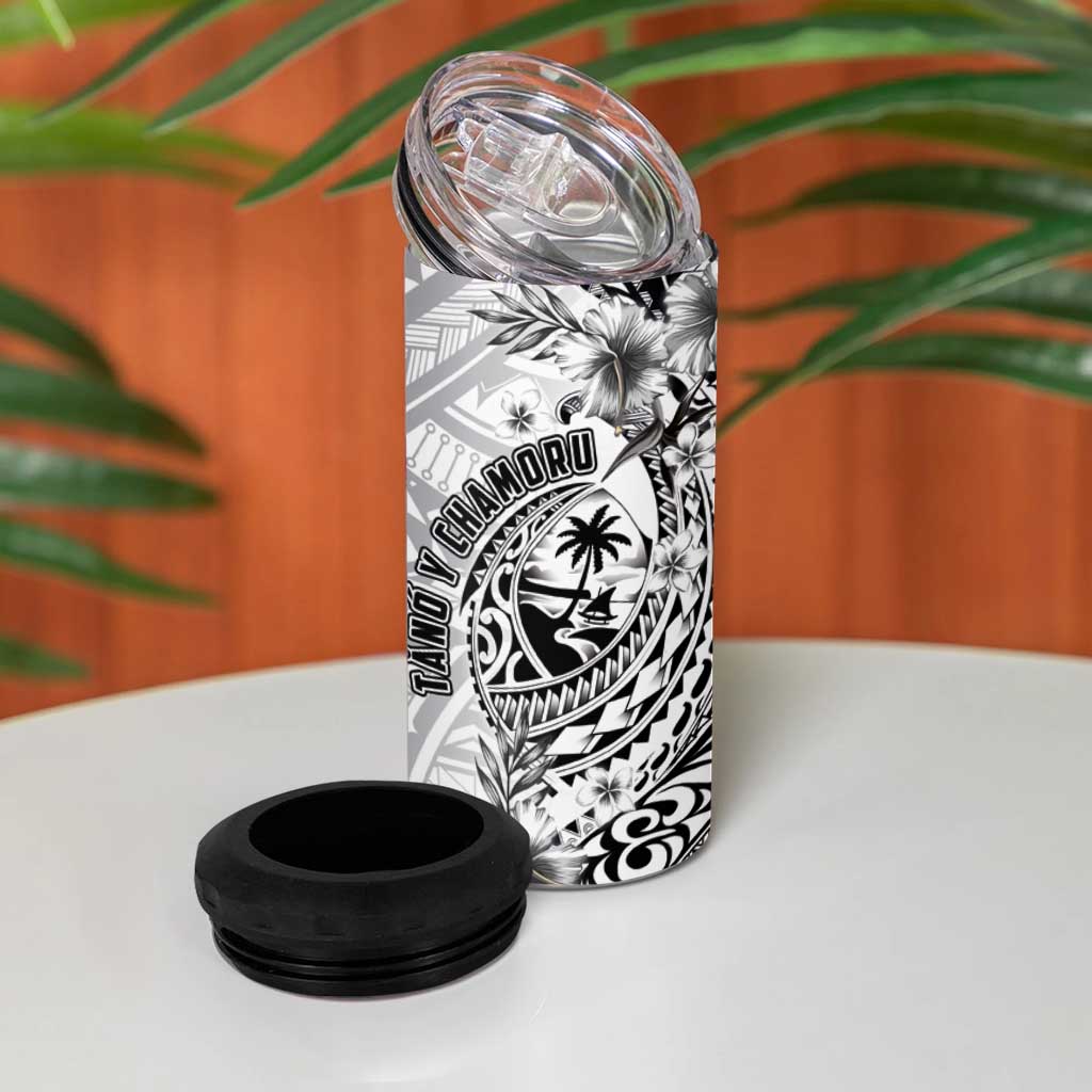 Guam-Land of the Chamorro 4 in 1 Can Cooler Tumbler Polynesian Tattoo Style Hibiscus and Plumeria Art