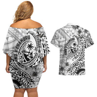 Guam-Land of the Chamorro Couples Matching Off Shoulder Short Dress and Hawaiian Shirt Polynesian Tattoo Style Hibiscus and Plumeria Art