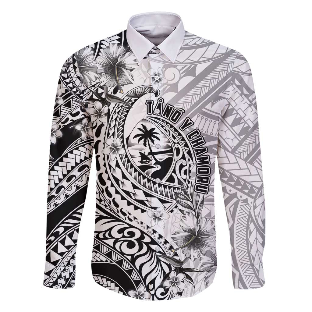 Guam-Land of the Chamorro Family Matching Long Sleeve Bodycon Dress and Hawaiian Shirt Polynesian Tattoo Style Hibiscus and Plumeria Art LT03 Dad's Shirt - Long Sleeve Black - Polynesian Pride