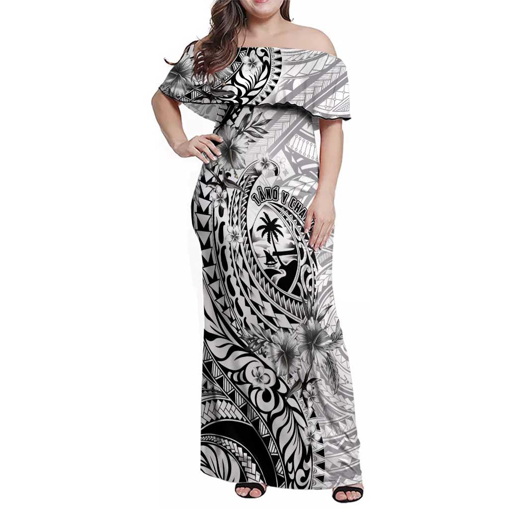Guam-Land of the Chamorro Family Matching Off Shoulder Maxi Dress and Hawaiian Shirt Polynesian Tattoo Style Hibiscus and Plumeria Art