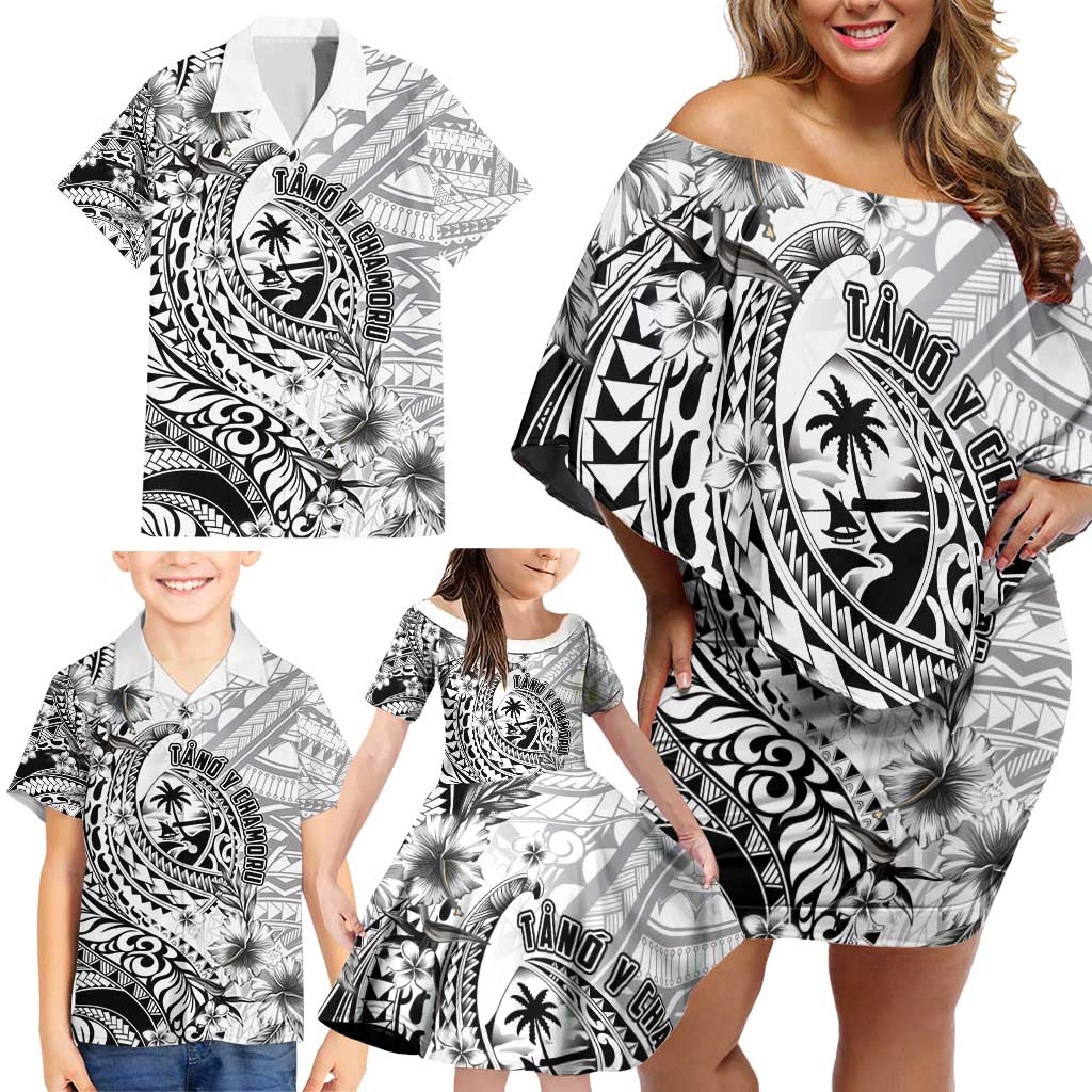 Guam-Land of the Chamorro Family Matching Off Shoulder Short Dress and Hawaiian Shirt Polynesian Tattoo Style Hibiscus and Plumeria Art