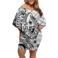 Guam-Land of the Chamorro Family Matching Off Shoulder Short Dress and Hawaiian Shirt Polynesian Tattoo Style Hibiscus and Plumeria Art