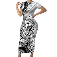 Guam-Land of the Chamorro Family Matching Short Sleeve Bodycon Dress and Hawaiian Shirt Polynesian Tattoo Style Hibiscus and Plumeria Art LT03 Mom's Dress Black - Polynesian Pride