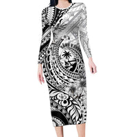 Guam-Land of the Chamorro Long Sleeve Bodycon Dress Polynesian Tattoo Style Hibiscus and Plumeria Art LT03 Long Dress Black - Polynesian Pride