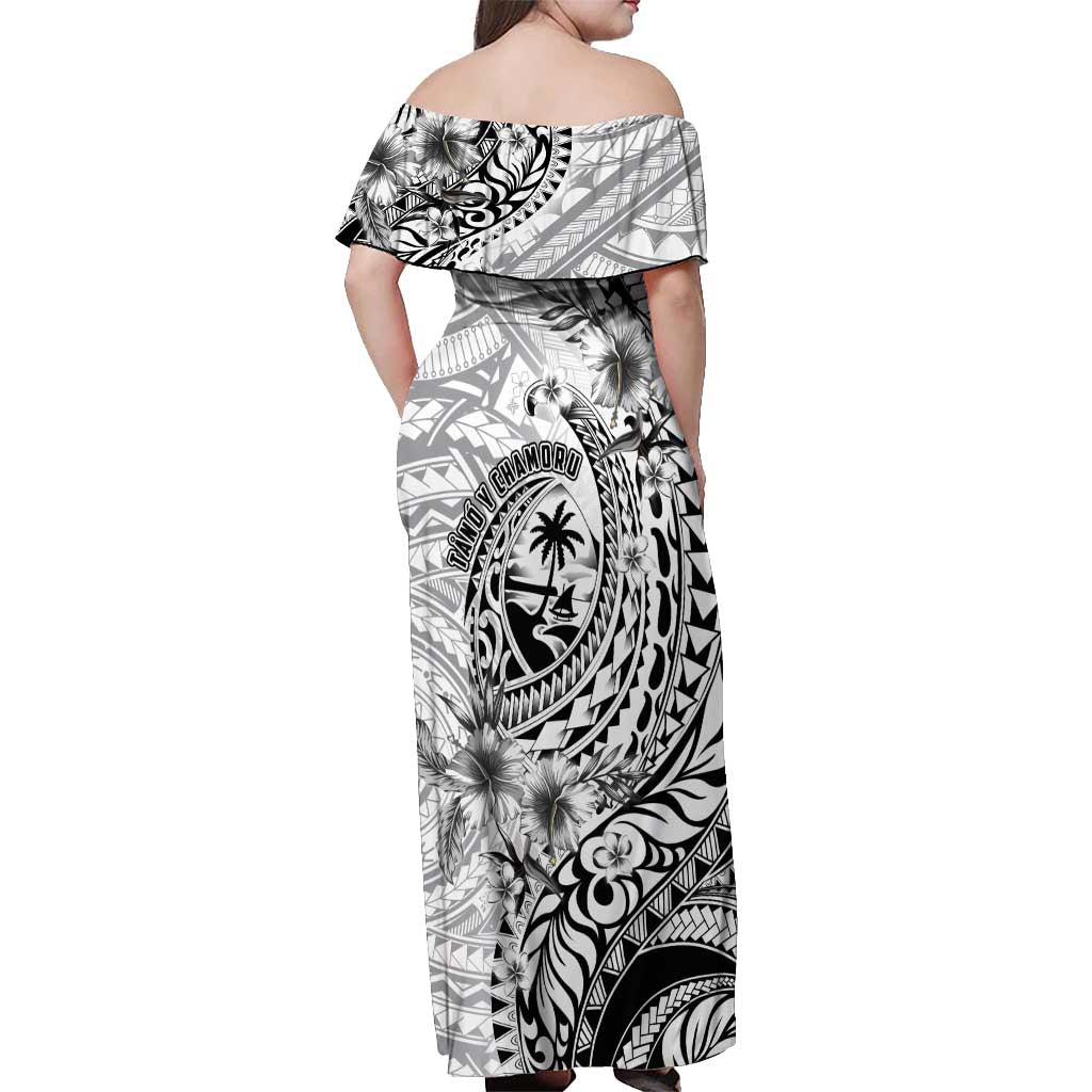 Guam-Land of the Chamorro Off Shoulder Maxi Dress Polynesian Tattoo Style Hibiscus and Plumeria Art
