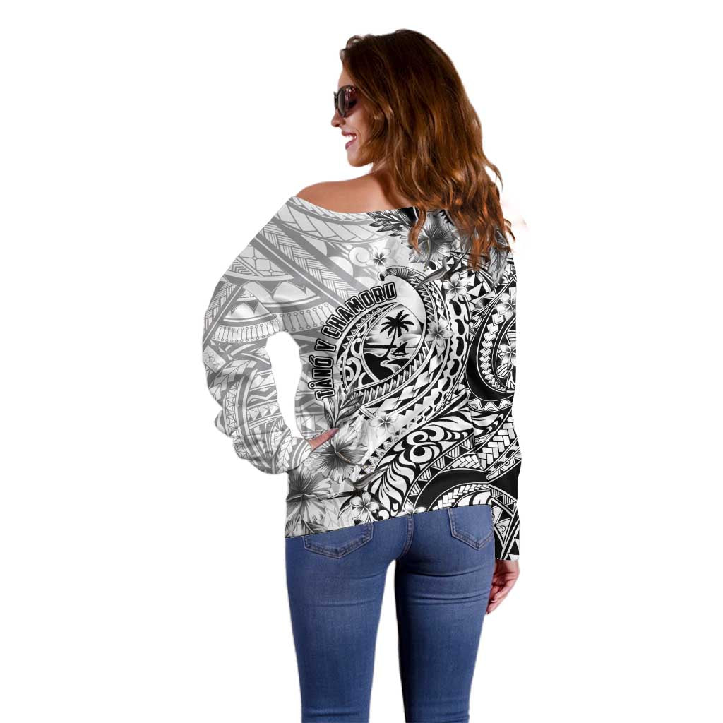 Guam-Land of the Chamorro Off Shoulder Sweater Polynesian Tattoo Style Hibiscus and Plumeria Art