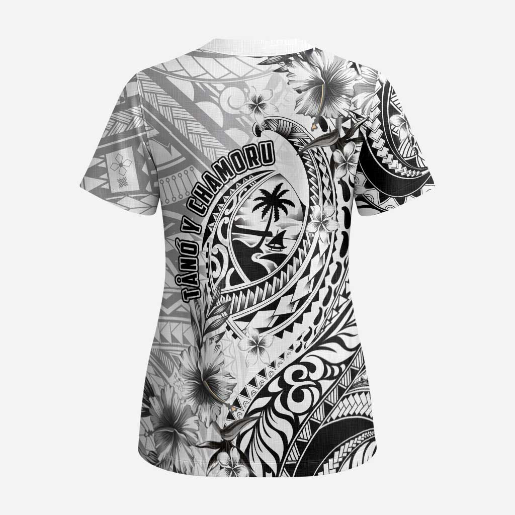 Guam-Land of the Chamorro Scrub Top Polynesian Tattoo Style Hibiscus and Plumeria Art - Polynesian Pride