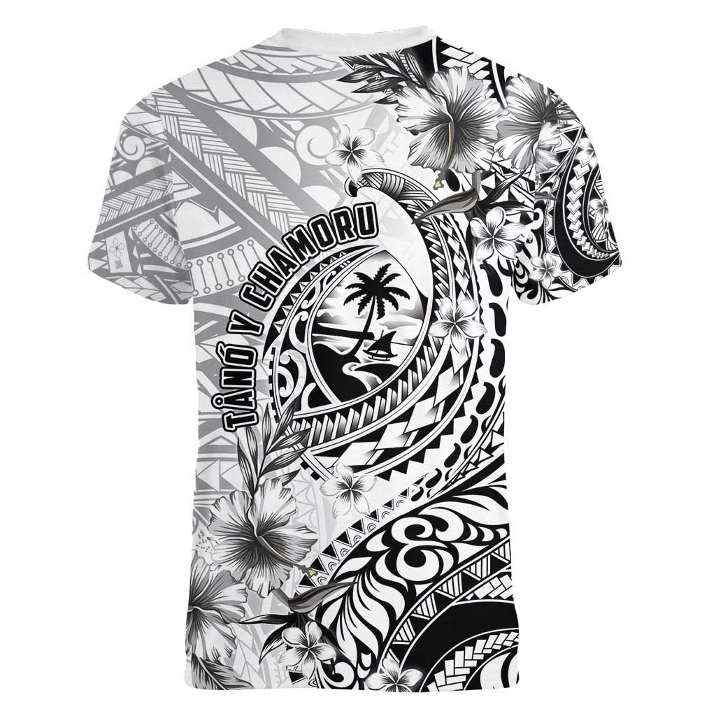 Guam-Land of the Chamorro Women V-Neck T-Shirt Polynesian Tattoo Style Hibiscus and Plumeria Art