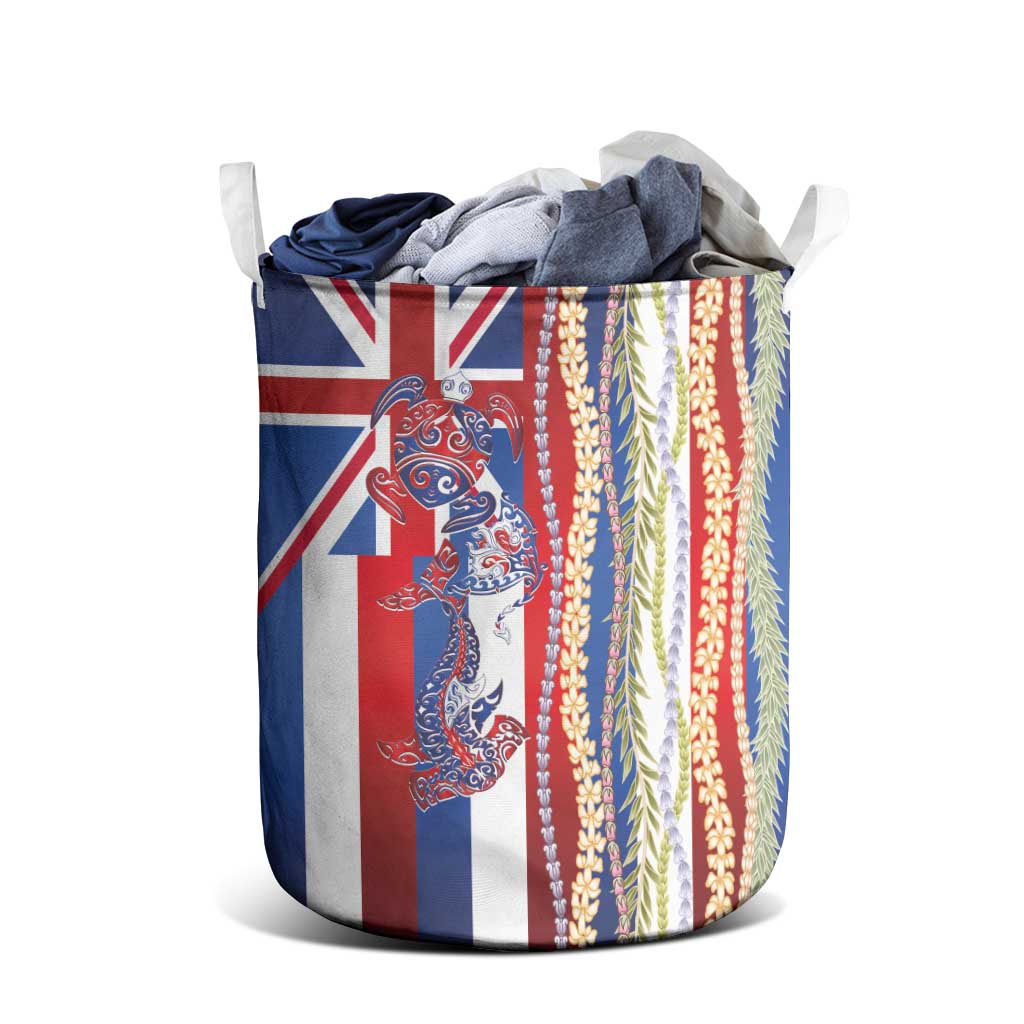 Hawaiian Sea Animals Laundry Basket with Lei and Flag Style