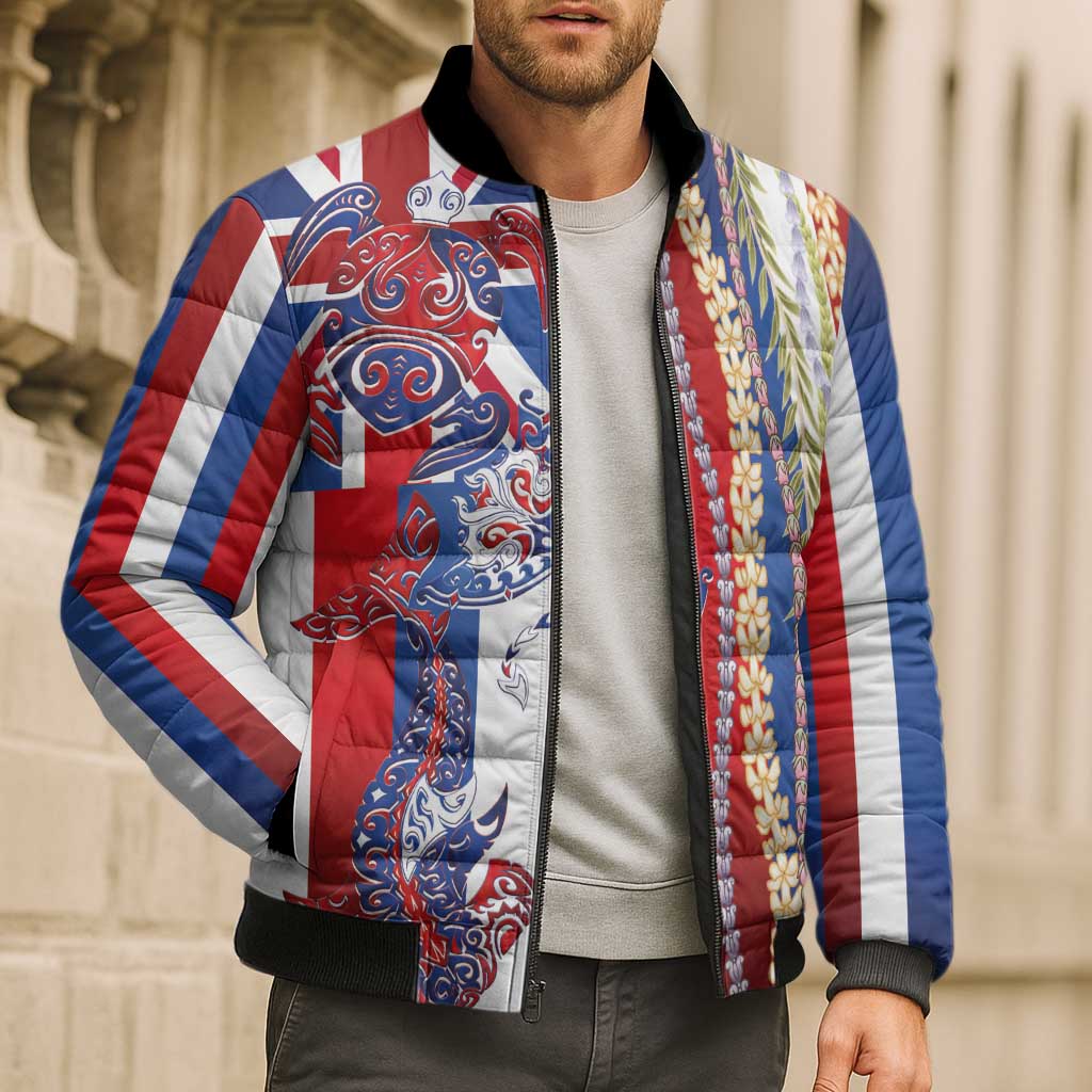 Hawaiian Sea Animals Bomber Puffer Jacket with Lei and Flag Style