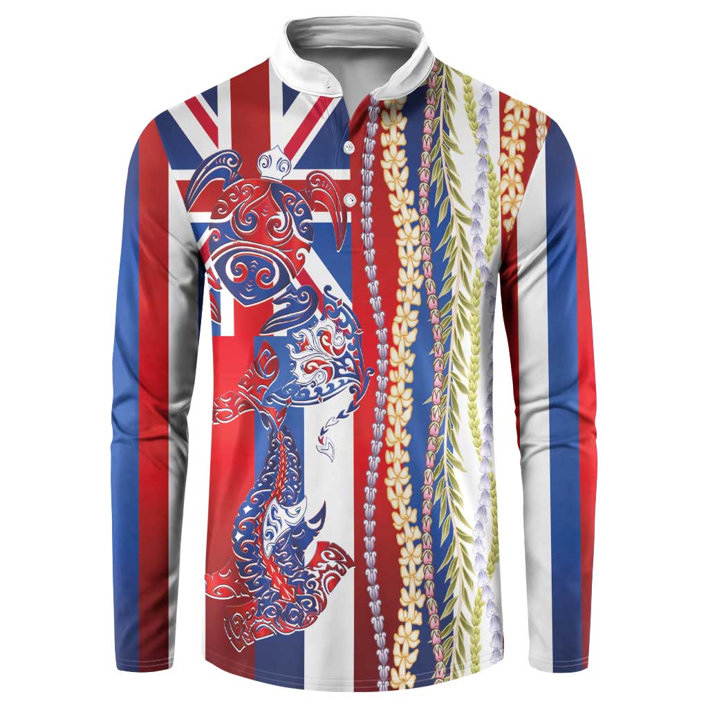 Hawaiian Sea Animals Button Sweatshirt with Lei and Flag Style