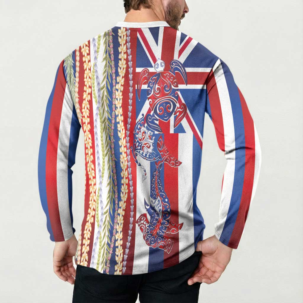 Hawaiian Sea Animals Button Sweatshirt with Lei and Flag Style