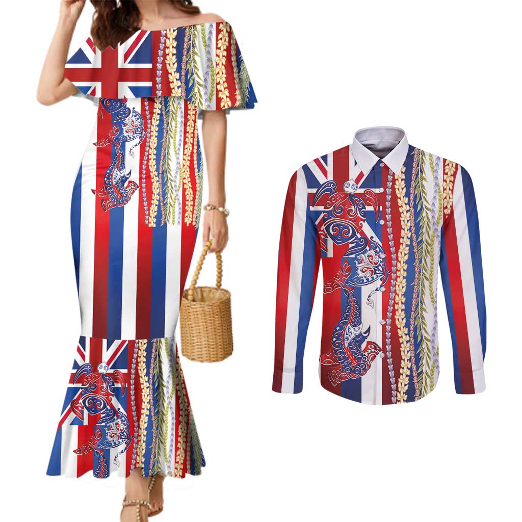 Hawaiian Sea Animals Couples Matching Mermaid Dress and Long Sleeve Button Shirt with Lei and Flag Style