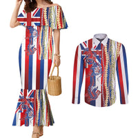 Hawaiian Sea Animals Couples Matching Mermaid Dress and Long Sleeve Button Shirt with Lei and Flag Style