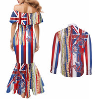 Hawaiian Sea Animals Couples Matching Mermaid Dress and Long Sleeve Button Shirt with Lei and Flag Style