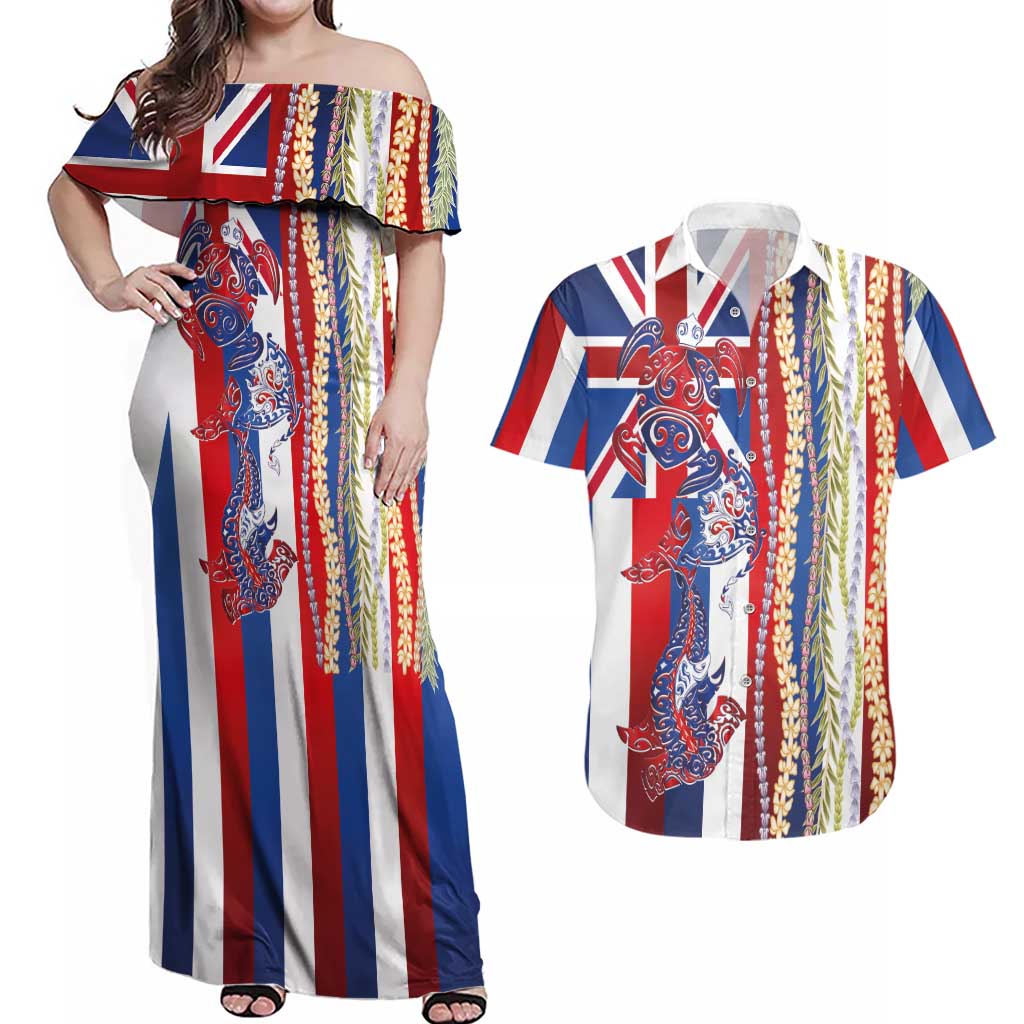 Hawaiian Sea Animals Couples Matching Off Shoulder Maxi Dress and Hawaiian Shirt with Lei and Flag Style