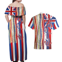 Hawaiian Sea Animals Couples Matching Off Shoulder Maxi Dress and Hawaiian Shirt with Lei and Flag Style
