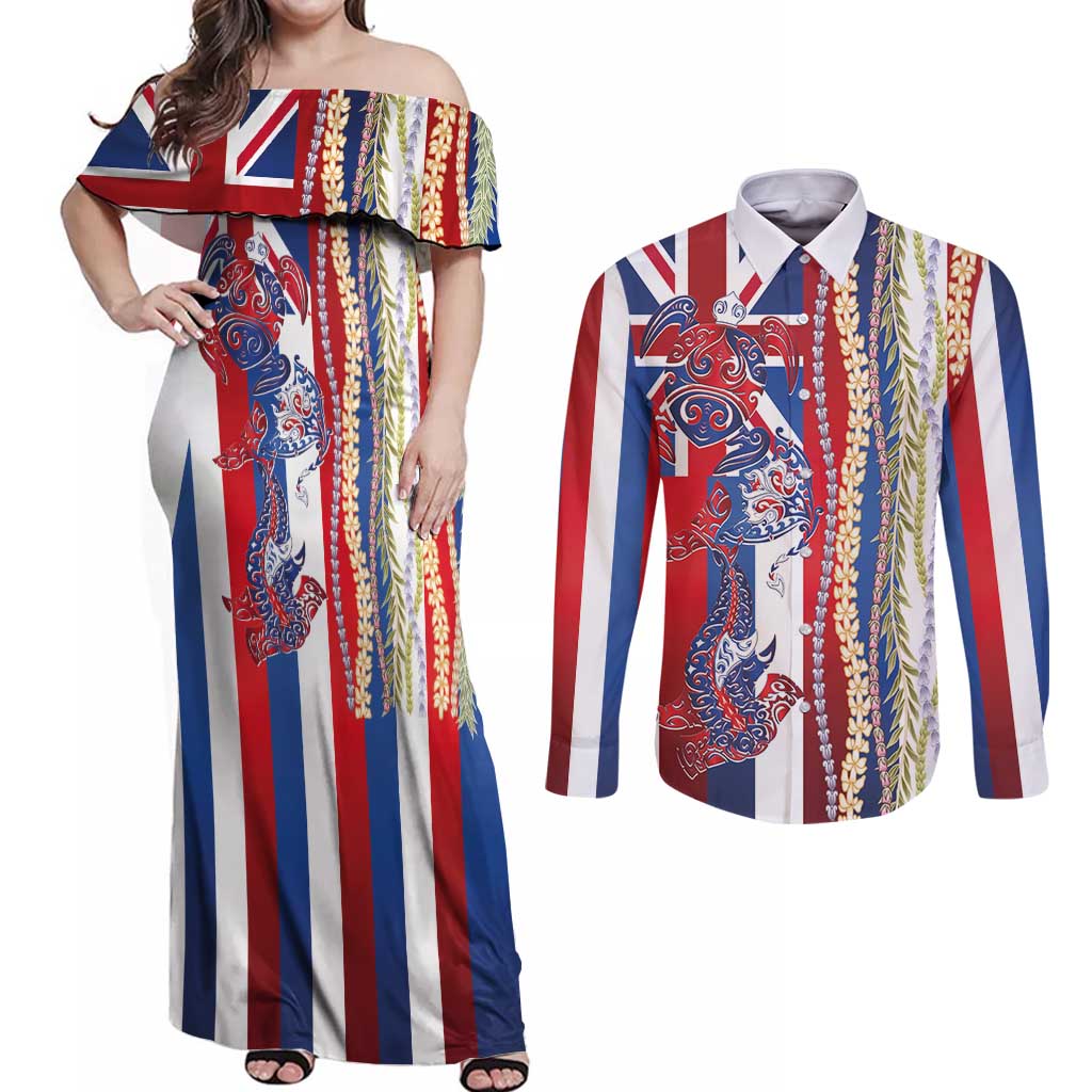 Hawaiian Sea Animals Couples Matching Off Shoulder Maxi Dress and Long Sleeve Button Shirt with Lei and Flag Style