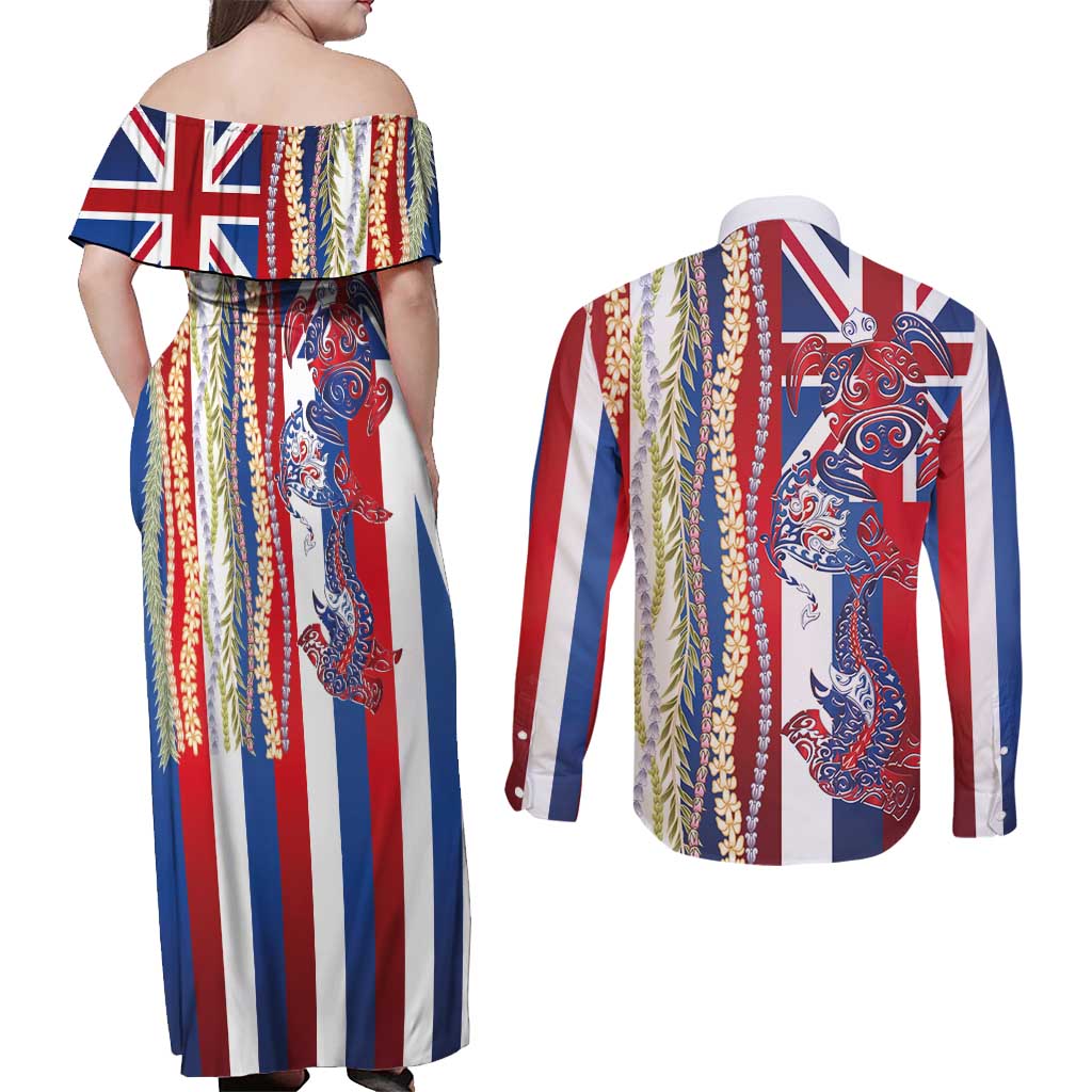 Hawaiian Sea Animals Couples Matching Off Shoulder Maxi Dress and Long Sleeve Button Shirt with Lei and Flag Style