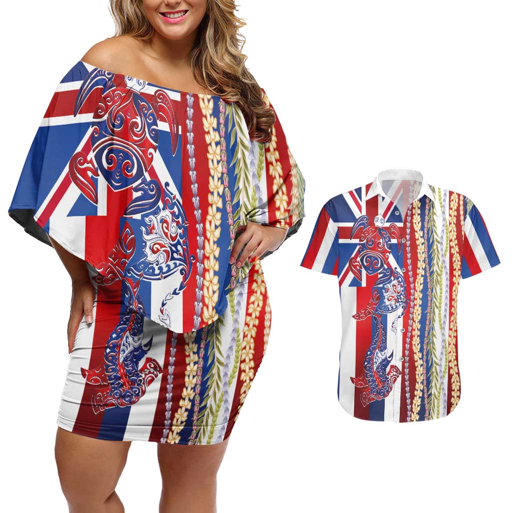 Hawaiian Sea Animals Couples Matching Off Shoulder Short Dress and Hawaiian Shirt with Lei and Flag Style