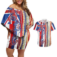 Hawaiian Sea Animals Couples Matching Off Shoulder Short Dress and Hawaiian Shirt with Lei and Flag Style