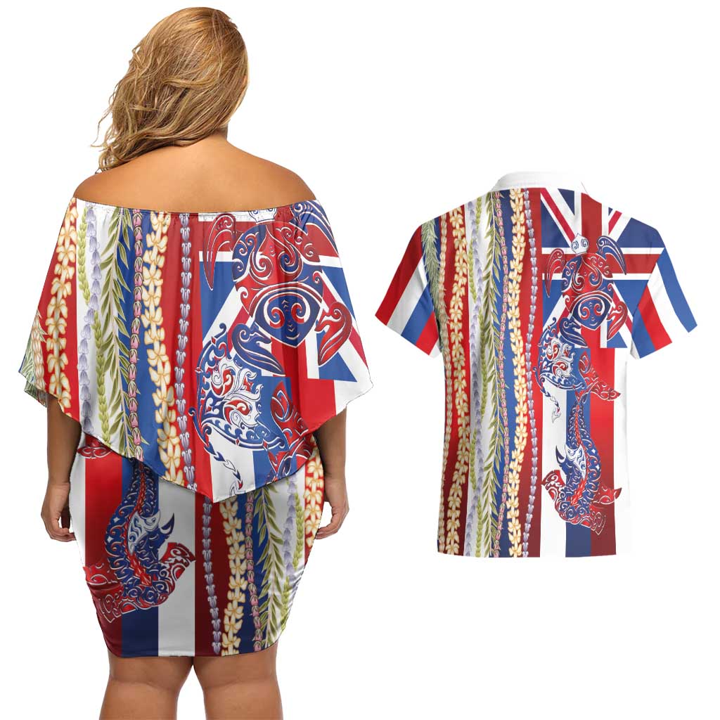 Hawaiian Sea Animals Couples Matching Off Shoulder Short Dress and Hawaiian Shirt with Lei and Flag Style