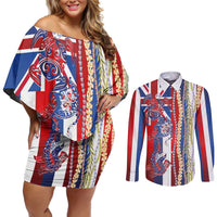 Hawaiian Sea Animals Couples Matching Off Shoulder Short Dress and Long Sleeve Button Shirt with Lei and Flag Style LT03 Multicolor - Polynesian Pride