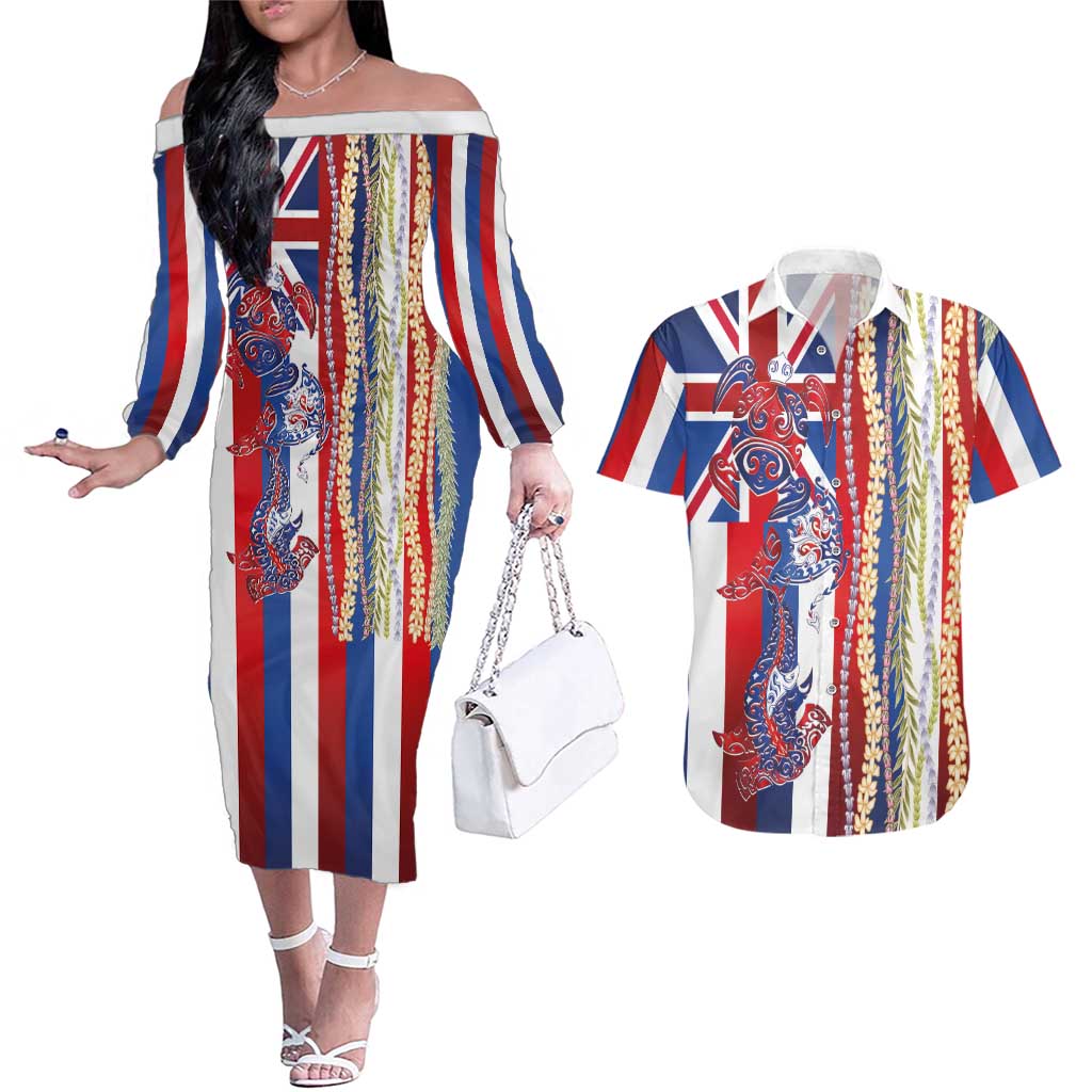 Hawaiian Sea Animals Couples Matching Off The Shoulder Long Sleeve Dress and Hawaiian Shirt with Lei and Flag Style