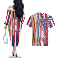 Hawaiian Sea Animals Couples Matching Off The Shoulder Long Sleeve Dress and Hawaiian Shirt with Lei and Flag Style LT03 - Polynesian Pride