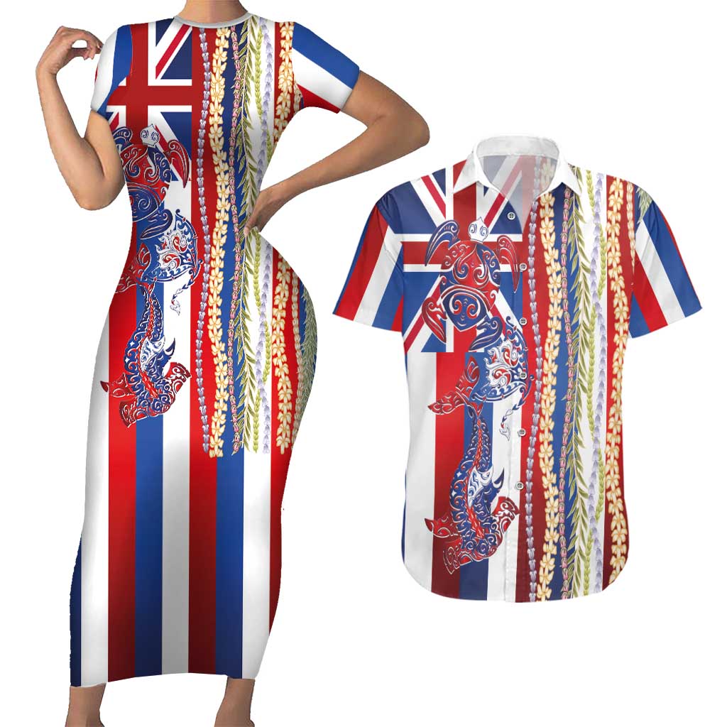 Hawaiian Sea Animals Couples Matching Short Sleeve Bodycon Dress and Hawaiian Shirt with Lei and Flag Style LT03 Multicolor - Polynesian Pride