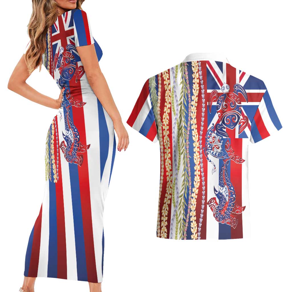 Hawaiian Sea Animals Couples Matching Short Sleeve Bodycon Dress and Hawaiian Shirt with Lei and Flag Style LT03 - Polynesian Pride