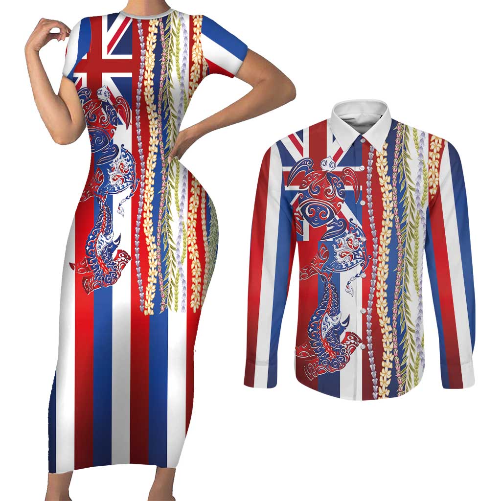 Hawaiian Sea Animals Couples Matching Short Sleeve Bodycon Dress and Long Sleeve Button Shirt with Lei and Flag Style