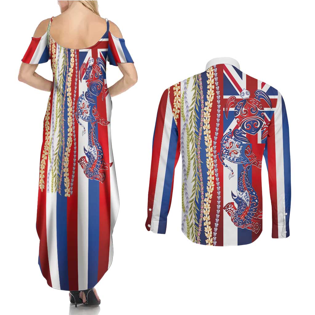 Hawaiian Sea Animals Couples Matching Summer Maxi Dress and Long Sleeve Button Shirt with Lei and Flag Style