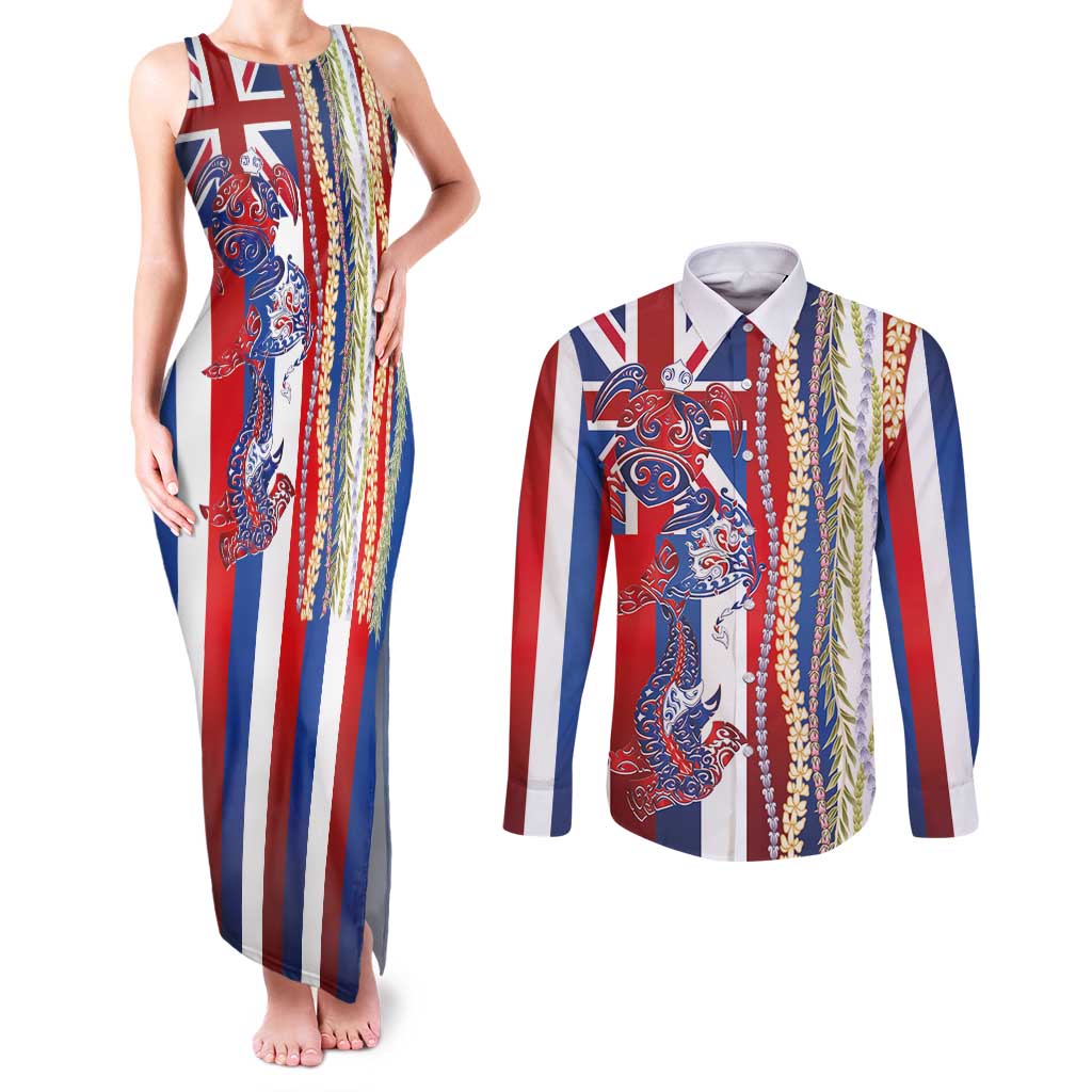 Hawaiian Sea Animals Couples Matching Tank Maxi Dress and Long Sleeve Button Shirt with Lei and Flag Style