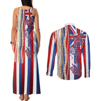 Hawaiian Sea Animals Couples Matching Tank Maxi Dress and Long Sleeve Button Shirt with Lei and Flag Style