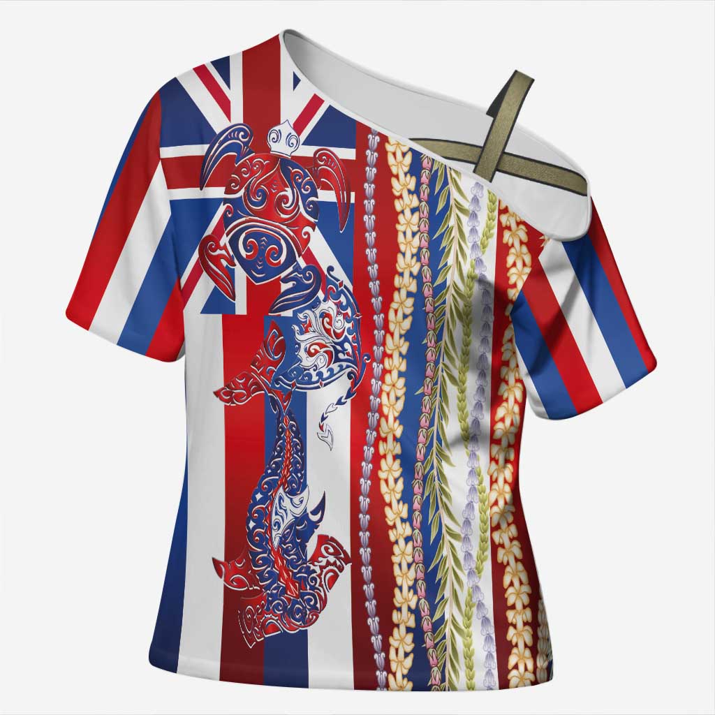 Hawaiian Sea Animals Cross Shoulder Shirt with Lei and Flag Style
