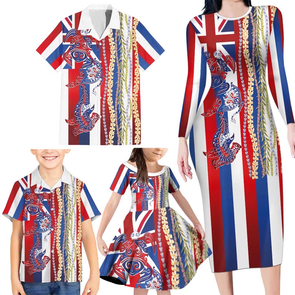 Hawaiian Sea Animals Family Matching Long Sleeve Bodycon Dress and Hawaiian Shirt with Lei and Flag Style