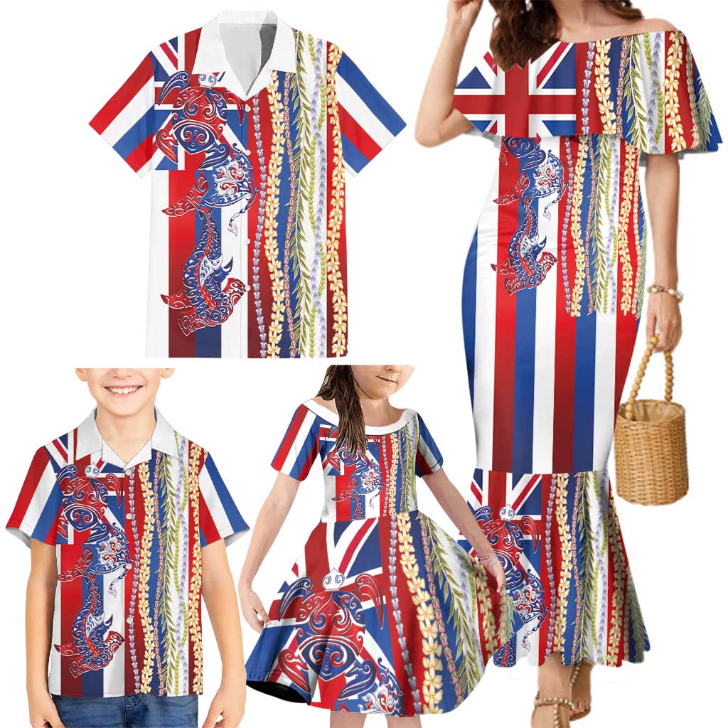 Hawaiian Sea Animals Family Matching Mermaid Dress and Hawaiian Shirt with Lei and Flag Style LT03 - Polynesian Pride