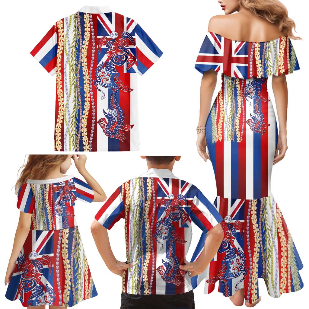 Hawaiian Sea Animals Family Matching Mermaid Dress and Hawaiian Shirt with Lei and Flag Style LT03 - Polynesian Pride