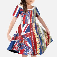 Hawaiian Sea Animals Family Matching Off The Shoulder Long Sleeve Dress and Hawaiian Shirt with Lei and Flag Style LT03 Daughter's Dress Multicolor - Polynesian Pride