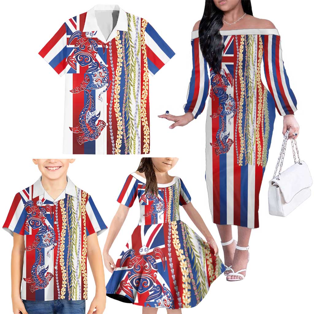 Hawaiian Sea Animals Family Matching Off The Shoulder Long Sleeve Dress and Hawaiian Shirt with Lei and Flag Style