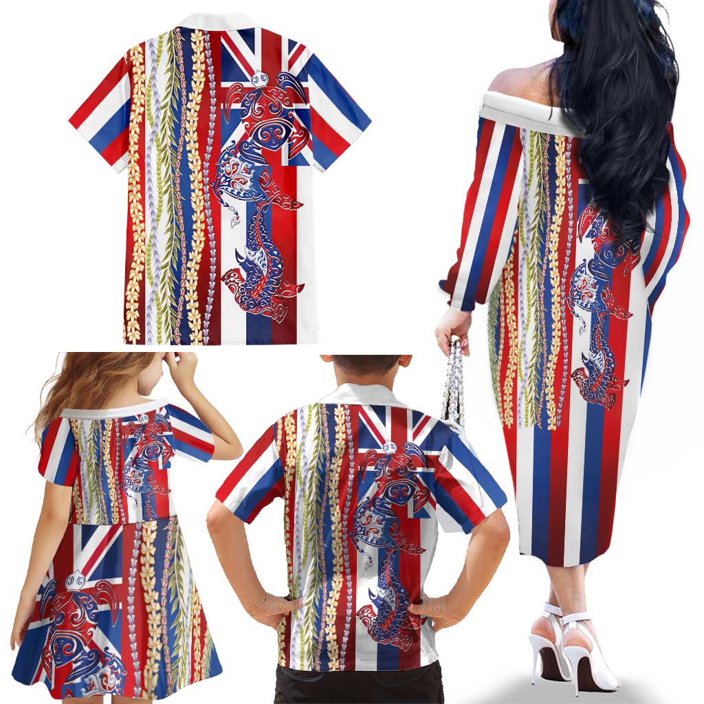 Hawaiian Sea Animals Family Matching Off The Shoulder Long Sleeve Dress and Hawaiian Shirt with Lei and Flag Style LT03 - Polynesian Pride