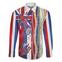 Hawaiian Sea Animals Family Matching Off Shoulder Maxi Dress and Hawaiian Shirt with Lei and Flag Style LT03 Dad's Shirt - Long Sleeve Multicolor - Polynesian Pride