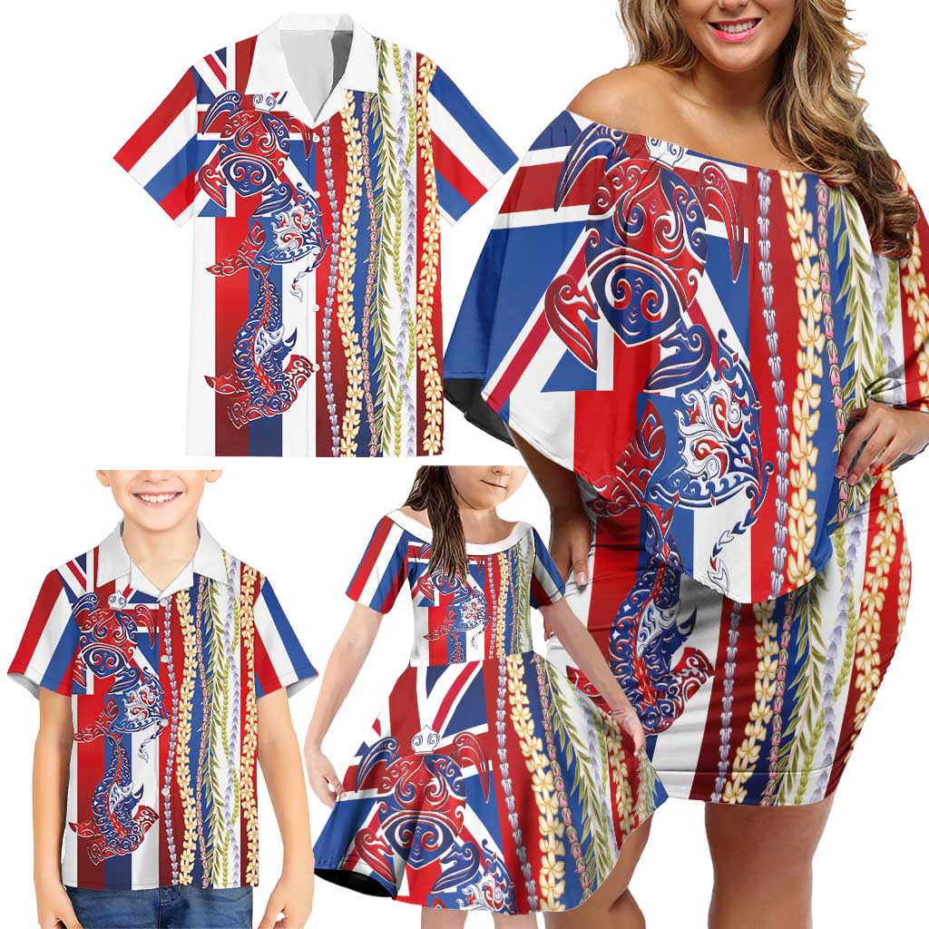 Hawaiian Sea Animals Family Matching Off Shoulder Short Dress and Hawaiian Shirt with Lei and Flag Style