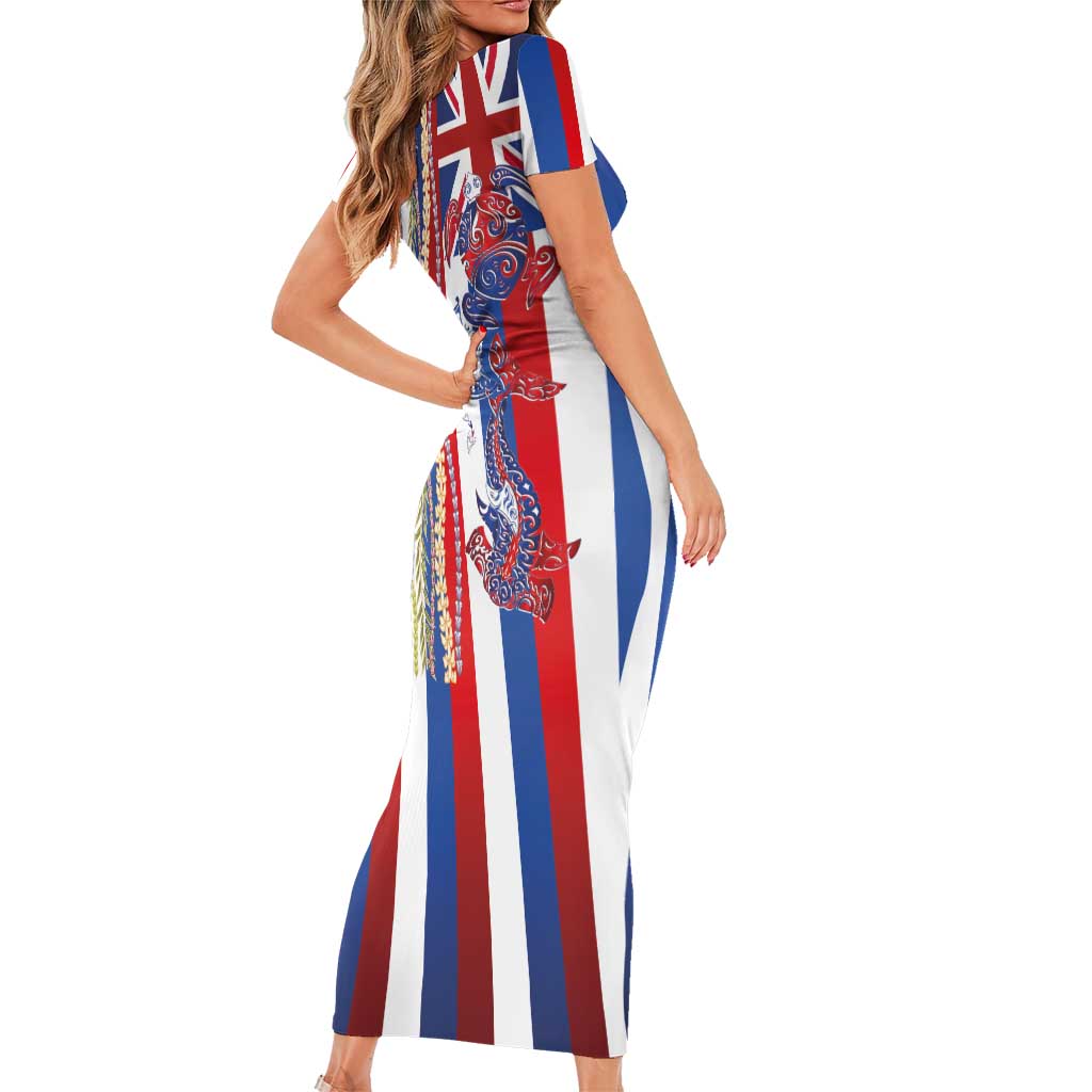 Hawaiian Sea Animals Family Matching Short Sleeve Bodycon Dress and Hawaiian Shirt with Lei and Flag Style LT03 - Polynesian Pride