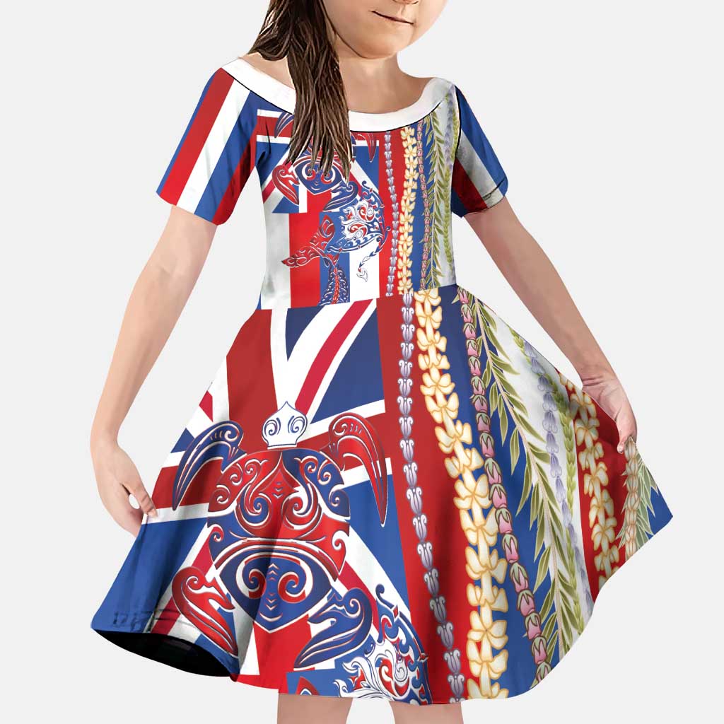 Hawaiian Sea Animals Family Matching Summer Maxi Dress and Hawaiian Shirt with Lei and Flag Style LT03 Daughter's Dress Multicolor - Polynesian Pride