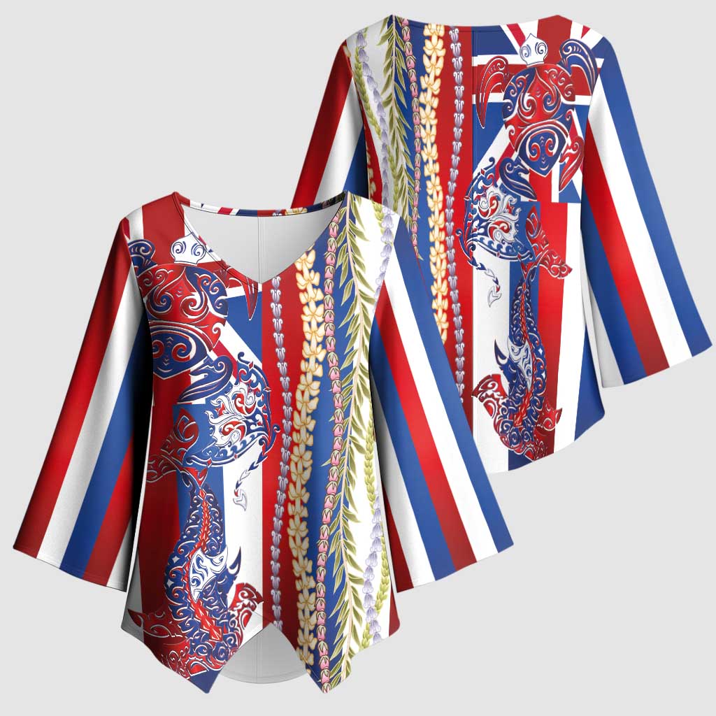 Hawaiian Sea Animals Kimono Sleeve Blouse with Lei and Flag Style