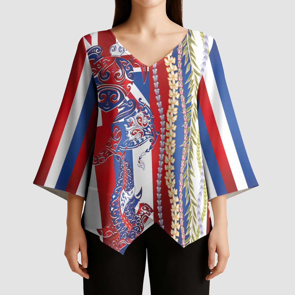 Hawaiian Sea Animals Kimono Sleeve Blouse with Lei and Flag Style
