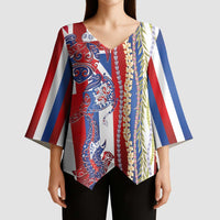Hawaiian Sea Animals Kimono Sleeve Blouse with Lei and Flag Style